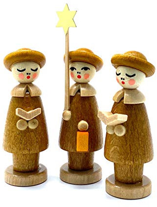 Drechslerei Friedbert Uhlig, Miniatur, Kurrende Nr. 03KB, braun gebeizt, 3 Figuren, 5 cm hoch, aus regionalem Holz gedrechselt, echte Handarbeit aus dem Erzgebirge, Weihnachten, Holzkunst, Echtholz