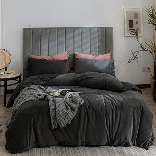 Michorinee Winter Plüsch Bettwäsche Set 220x240 Cashmere Touch Flauschig & Warme Coral Fleece Uni Bettbezug mit Reißverschluss - Anthrazit | 220 x 240 cm + 2 x 80 x 80 cm