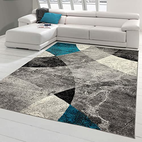 Moderner Wohnzimmer Teppich abstraktes Wellen Rauten Design marmoriert in blau grau - pflegeleicht Größe 200x280 cm