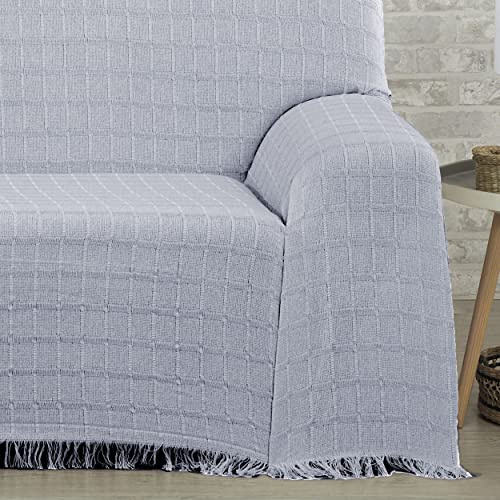 DALINA Colcha Multiusos Sofa,Manta Foulard,Plaid para Cama,Cubresofa Cubrecama,Comoda Practica y Suave. Poliester Algodón con Bordaje de Guadro Gris 230X260CM