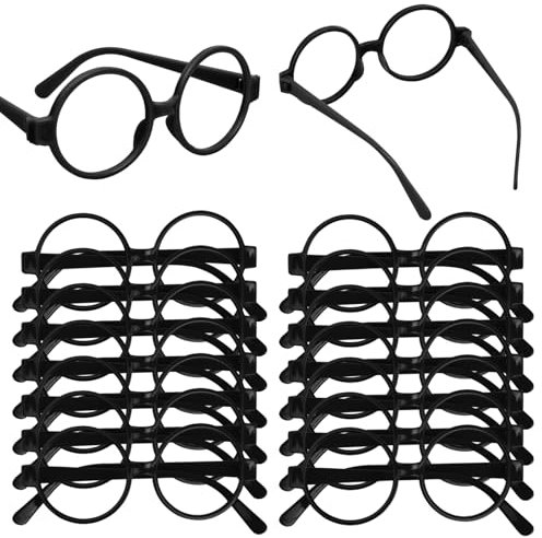 heavenlife 16 Stück Zauberer Runde Gläser, Wizard Brille Keine Objektive, Kunststoff Rahmen Brillen für Halloween Maskerade Cosplay Geburtsta Magier Mottopartys(Schwarz)