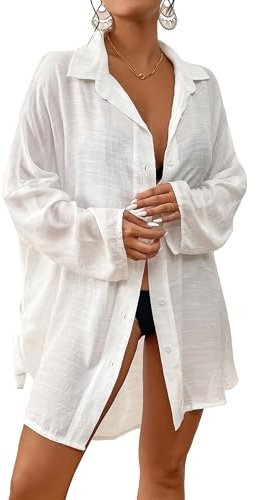 Bsubseach Mujer Vestido Corto de Playa Blusa de Manga Larga con Botones Cubrir Bikini Camisola y Pareos Blanco
