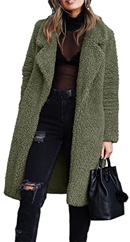 HINDOLA Women Fuzzy Fleece Lapel Open Front Long Cardigans Coat Faux Fur Fall Winter Warm Outwear Long Jackets