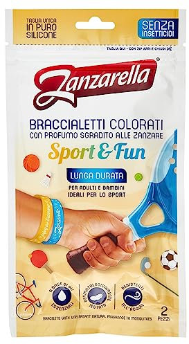 Zanzarella, 2 pulseras antimosquitos Sport & Fun, de silicona 100% reciclable, repelente a base de aceites naturales, activos hasta 12 horas, talla única