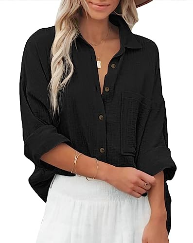 Zitiki Blusa de algodón para Mujer, Informal, Cuello en V, Manga Larga, Elegante, Suelta, con Bolsillos en el Pecho, Negro, S