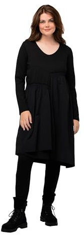 Ulla Popken Damen Flared Dress with Asymetric Woven Part Kleid, schwarz, 50-52