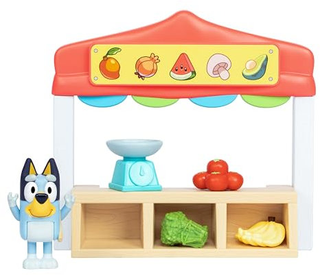 Bluey Set de Juego del Mercado de Frutas y Verduras, Incluye una Figura articulada Bolsa de la Compra y Accesorios