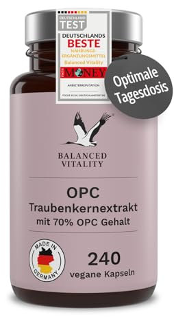 OPC Traubenkernextrakt - 240 vegane Kapseln - Optimale Tagesdosis: 500 mg Extrakt je Kapsel - Laborgeprüft - 8 Monate Vorrat - Ohne Zusatzstoffe - Balanced Vitality
