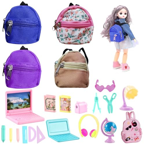 HOMURY Accessoires de Maison de Poupée Mini-Sacs à Dos, 4 Petits Sacs à Dos et 18 Mini Accessoires de Fournitures Scolaires en Miniature, Mini Sac à Dos, Mini Livre Sac à Dos