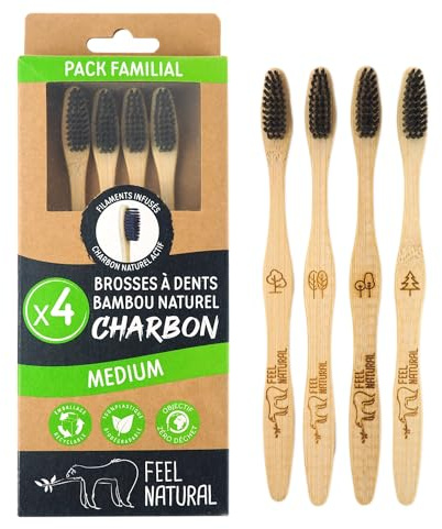 Cepillo de dientes de bambú natural de carbón – Pack familiar de 4 cepillos de dientes medianos para niños y adultos – cuidado dental, lavado de dientes profundos, pelo de aceite de ricino, fácil de