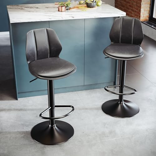 SONNI Barhocker 2er Set, Barstühle, Höhenverstellbar, 360° Drehstuhl, Küchenstühle mit Rückenlehne und Fußstütze, robuster Metallrahmen, gemütliche PU weiche Sitzfläche, Sitzhöhe 88-108 cm, Schwarz