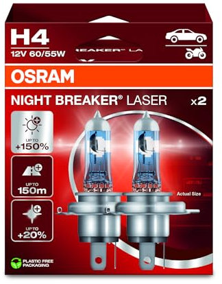 Osram NIGHT BREAKER LASER H4, +150% mehr Helligkeit, Halogen-Scheinwerferlampe, 64193NL-2HB, 12V PKW, Hängebox (2 Lampen)