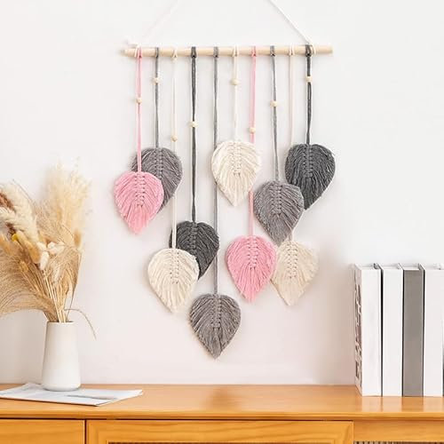 CCAIPU Macrame Wall Hanging, Bohemian Leaf Woven Tapestry Handmade Leaves Feather Wall Art Decorations for Living Room Bedroom Home (Grey Pink)