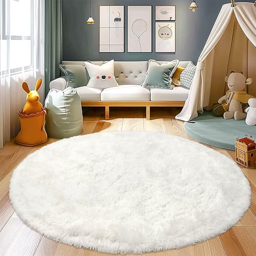 BSGIFT Teppich Hochflor Rund 120 cm Creme, Shaggy Langflor Teppich Wohnzimmer Flauschig, Modern Wohnzimmerteppich Bettvorleger High-Pile Carpet rutschfest für Schlafzimmer Kinderzimmer