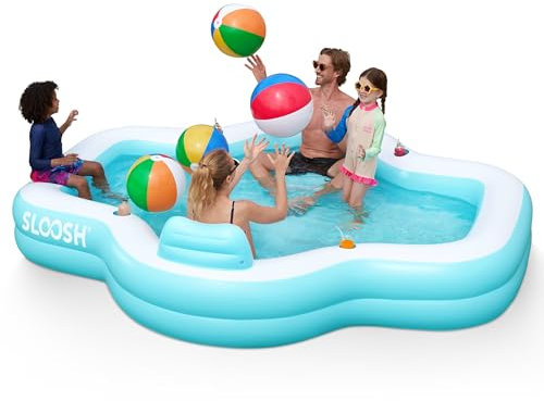 SLOOSH Piscina gonfiabile con sedili, 305 x 257 x 66 cm, piscina familiare fuori terra grande e resistente, con schienale e portabicchieri, perfetta per feste estive in giardino o sul prato, Ciano