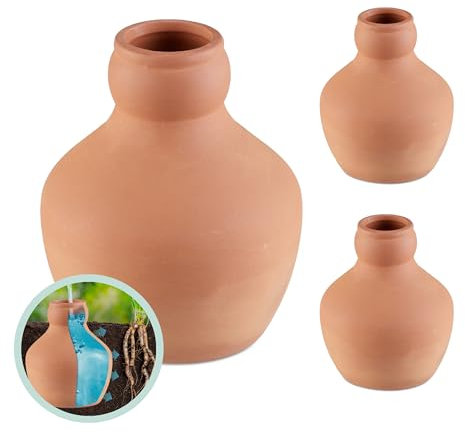 Relaxdays Sfera Irrigazione a Goccia, Set 3 Olle in Ceramica 550 ml, Annaffiare, Irrigatore Automatico Acqua, Terracotta