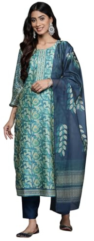 Jaanvi fashion Kurta droit à imprimé floral pour femme, col rond, avec bas ton sur ton et dupatta imprimé, Vert, XXL