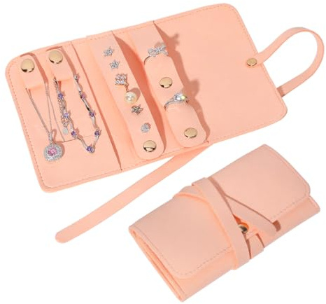 Rolin Roly Leather Travel Jewelry Roll,Travel Jewelry Organizer Bag Portable Jewelry Storage Jewel Bag for Necklace Bracelets,Ring, Gifts for Women (Pink)
