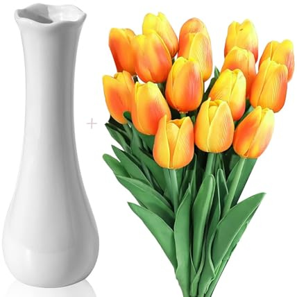 15 Tulipani Artificiali Con Vaso,Tulipani Finti,Fiori Artificiali Tulipano,Fiori Artificiali In Lattice Al Tatto Reale,Bouquet Da Sposa Per Decorazioni Da Giardino La Casa Matrimonio (arancione-15)