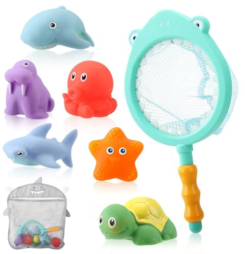 8 PCS Bath Toys for Kids 3+ Years,Color Changing Sea Animal Toys with Storage Mesh Bag,Shark Fishing Net Swimming Pool Toys for Boys Girls