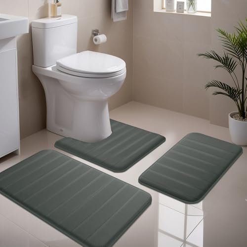 NAKIHOUSE 3 Piece Non-Slip Bath Mat Set, Luxury Thick Memory Foam Bathroom Rugs, Water Absorbent Soft Shower Mat Machine Washable Toilet Mat for Bathroom Floor, Gray