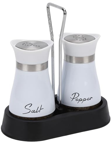 HZPZPP Salt and Pepper Sets, Salt and Pepper Shakers Set – Set of 2 Glass Salt Shakers with Stainless Steel Lids and Holder for Modern Kitchen, Breakfast Table, Small Homes, BBQ and Camping (White)