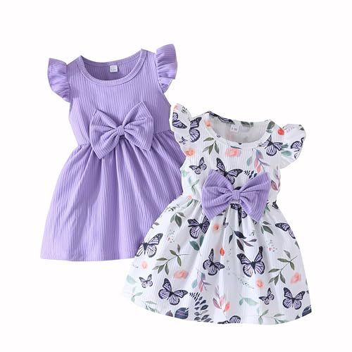 UUAISSO Flickklänning med fjärilsmönster rosett volanger ärmlös söt prickig klänning för flickor sommarkläder, Lila, 2-3 År