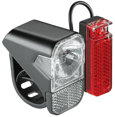 AXA Visto 3 – Set di luci per bicicletta con batterie – Facile da montare – Resistente all'acqua – Con indicatore di carica – Include 3 batterie AAA – Omologato StVZO