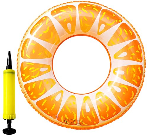 2Pcs Inflatable Ring, Swimming Ring with Orange Citrus Design, Includes Hand Pump, Pool Float Set for Summer Water Fun