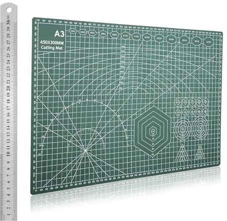 Cutting Mat A3 Set with Steel Ruler, Self Healing Craft Mat 3mm Thick, 45cmx30cm, Craft Board for DIY, Paper, Sewing, Fabric, Quilting, Scrapbook (Green)