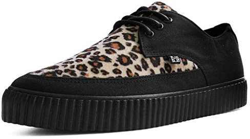 T.U.K. Pointed Creeper Sneakers - Herren und Damen Schuhe - Farbe Black Canvas and Leopard Print - Punk Goth und Rocker Style Canvas Print und Wildleder Schnürschuhe - Größe EU43