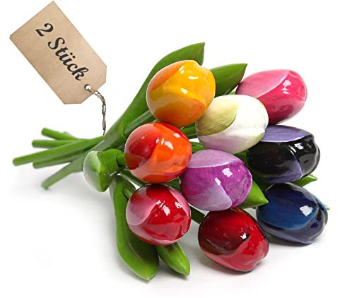 MomoMoments Lot de 2 Bouquets de 9 Tulipes en Bois peintes à la Main - 21 cm - Multicolore