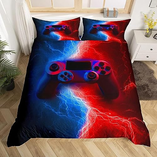 Homewish Gamer Gaming Bedding Sets Double Size,Lightnings Gamepad Duvet Cover, Video Games Comforter Cover for Kid Teens Boys and girls Man, Modern Bedroom Decor 3 Pcs Bedding Set,Red Blue