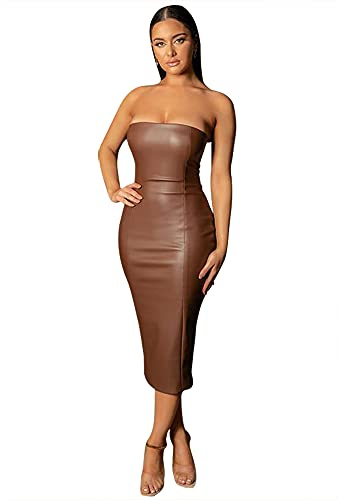 XLLAIS Women Strapless Tube Midi Dress Sexy Bodycon Party Dress Fall Leather Outfits Brown Small