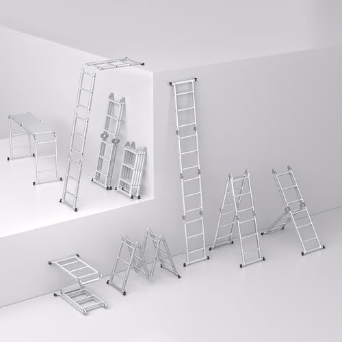 NAIZY Escalera Multiusos de Aluminio de 550 cm, 6 en 1, Escalera Plegable con 2 Ruedas y Plataforma, 4 x 5 escaleras Multiusos Plegables Plata, hasta 150 kg