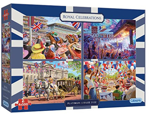 Gibsons GIBG5061 Royal Celebrations Platinum 4 x 500 Teile Queen's Jubilee Nachhaltiges Puzzle für Erwachsene | Premium 100% recyceltes Brett Games, verschieden