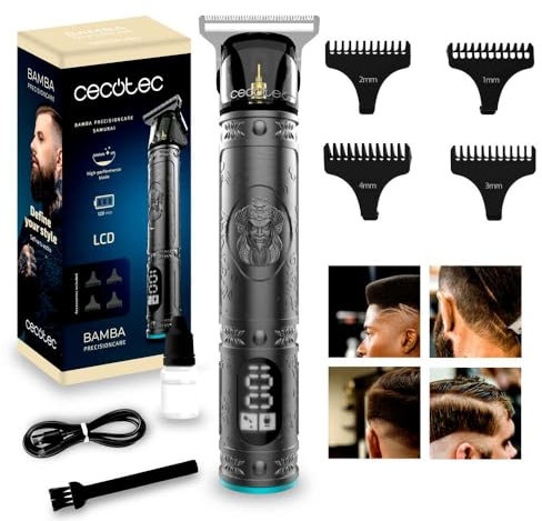 Cecotec Tagliacapelli e Profilatore Professionale PrecisionCare Samurai, Lama Affilata ad Alto Rendimento, 4 Pettini Guida da 1-4 mm, Capelli e Barba, Autonomia 120 min, Schermo, Grigio