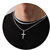 Zocomi Cross Necklace for Men Boys, Stainless Steel Silver Herringbone Double Cross Pendant Chain Jewelry, Valentines Christmas Gifts Teen Teenage Boys Male Him Cruz Cadenas Para Hombres
