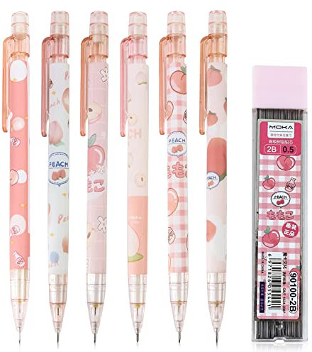 Zngou 6Pcs Cute Mechanical Pencil Set 0.5mm HB Automatic Pencil Pink Mechanical Pencil Architecture Propelling Pencil Refillable Pencil for Girls Student Art School Drawing Writing Sketching