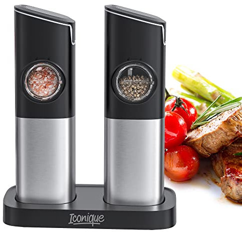 Iconique Moulin À Sel Et Poivre Électrique | Rechargeable Avec Réglage De La Grosseur, Support De Charge USB-C, Indicateur Lumineux, Capuchon Anti-Poussière | Lot De 2