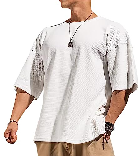 Herr basic kortärmad våffeltröja lös passform träning pullover rund hals skjorta, T3318 Vit, XL