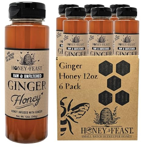 HONEY FEAST Ginger Honey 12OZ (Pack of 6) - Pure Ginger Root Enhanced Raw Honey