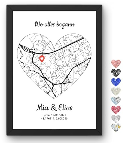 Triangle Déco Poster personalizzato coppia mappa cuore luogo incontro GPS nomi data con o senza Cornice Carta Tela Plexiglass – Regalo San Valentino anniversario matrimonio Natale