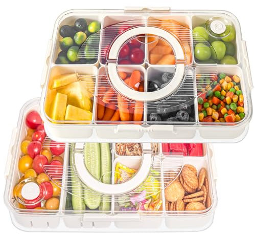 Luxear Snackbox mit 14 Fächern, 2 Set Snackteller mit Deckel und Griff, Wiederverwendbare Snackschale Kinder, Snackdose Organizer für Snacks Nüsse Obst Gewürze, für Party Picknick, Spülmaschinenfest