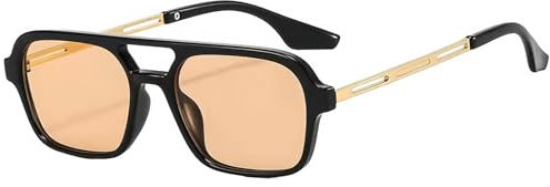 RUNHUIS Vintage Klassische 70er Jahre Quadratische Sonnenbrille für Damen Herren Trendy Retro Slim Rechteck Brille Schwarz-Gold/Champange