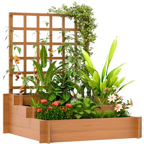 Outsunny 3 Tier Raised Garden Bed with Trellis for Vine Climbing, Wooden Raised Beds for Garden Patio, Outdoor Planter Box for Vegetables, Flowers, Herbs, Brown