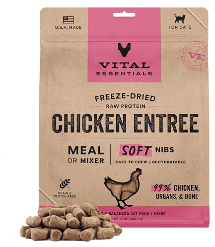 Vital Essentials Freeze Dried Cat Food, Raw Chicken Soft Nibs | Complete Meal or Topper | 99% Chicken, Organs & Bone | Limited Ingredient, High Protein, Grain Free Dry Cat Food | 12 oz Bag
