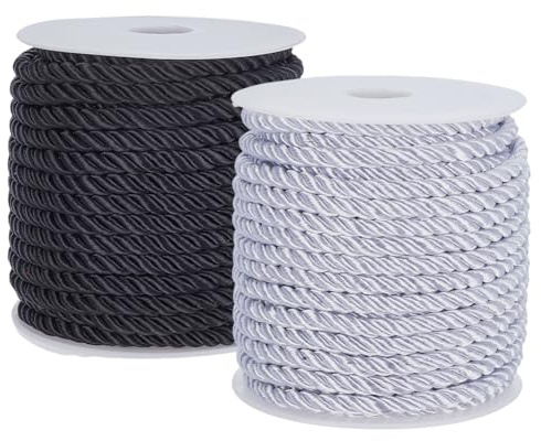 PH PandaHall 36m 5mm Corda Intrecciata per Laurea 3 Strati di Cordoncino Ritorto in Raso Filo di Corda Ritorto, Cordino Decorativo con Bobina per Tende Fiocchi Arredamento per la casa, Nera e Bianca