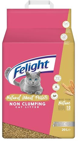 Felight Natural Wheat Pellets Cat Litter (20L Bag) - Non-Clumping, 100% Biodegradable, Antibacterial Silverfresh Technology, Prevents Odours for up to 10 Days, Made in the UK