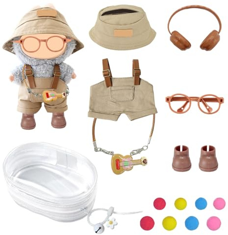 for Labubu Clothes Canvas Overalls & Hat Set - with Headphones, Camera, Bell & Case for 17cm Doll | Denim Workwear Style Outfit for La Bubu Doll Collection & Display